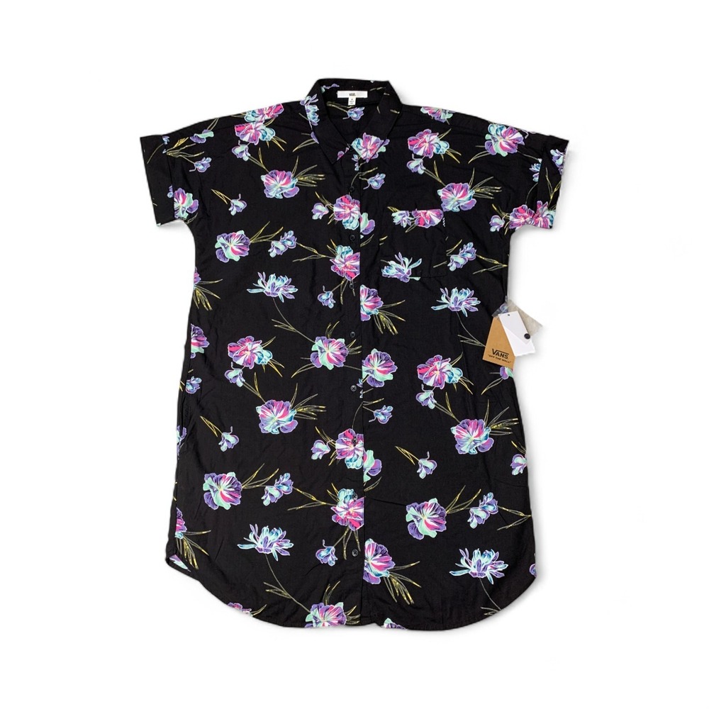 Vans Shirt Pocket Shirt Dress Women's M Black Floral Collared Button Down NWT